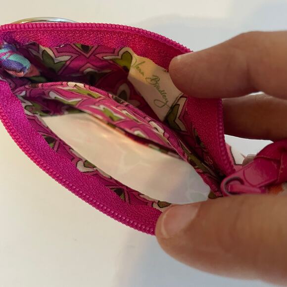 Vera Bradley Pink Swirl Paisley Floral Cotton Mini Zip ID Wallet Silver Key Ring - Picture 7 of 11